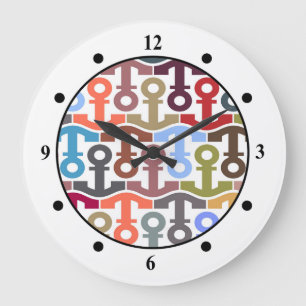 Multi Coloured Nautical Anchor Pattern Large Clock
