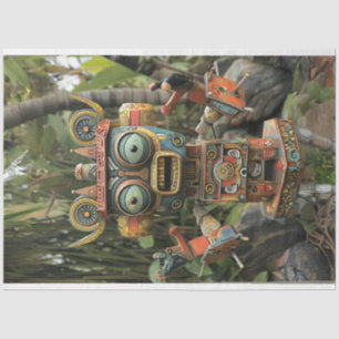 Multi coloured orange green robot decoupage tissue paper