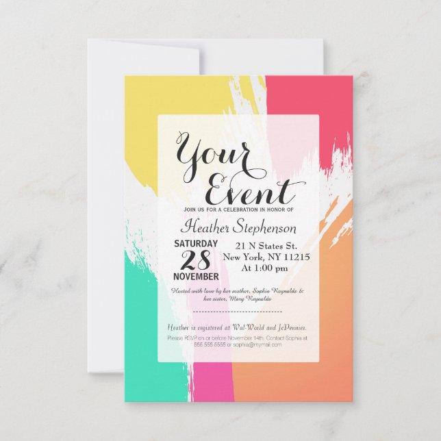Multi-Coloured Paint Brushstrokes Invitation (Front)