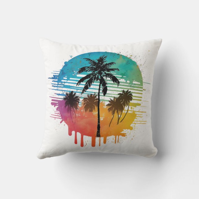 multi-coloured palm tree in retro style hand-drawn cushion (Back)
