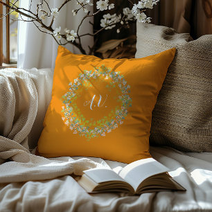 Multi-coloured Pastel Floral Wreath and Monograms Cushion