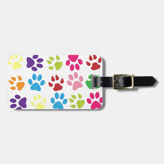 Multi-Coloured Paw Prints Luggage Tag (Front Horizontal)