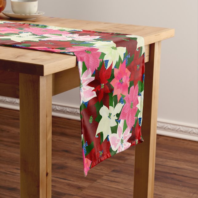 Multi Coloured Poinsettia Christmas Short Table Runner (In Situ)