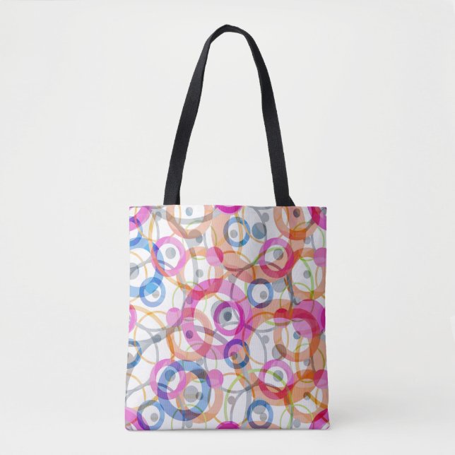 Multi-coloured polka dots, circles on a white tote bag (Front)