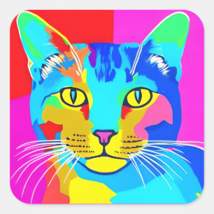 Multi Coloured Pop Art Cat Portrait   Square Sticker