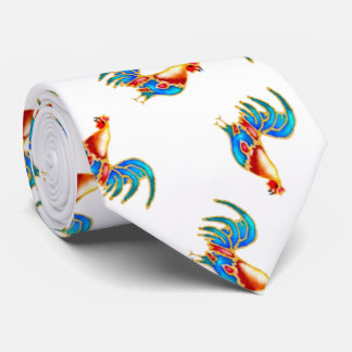 multi coloured roosters on white tie