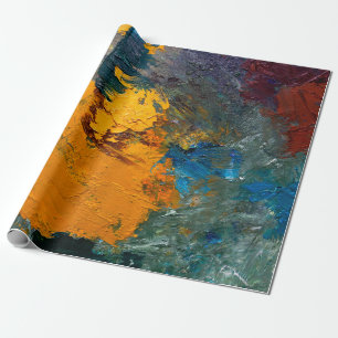 multi-coloured strokes of oil paint on the artist' wrapping paper