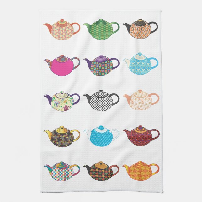 Multi-coloured Tea Kettles Tea Towel (Vertical)