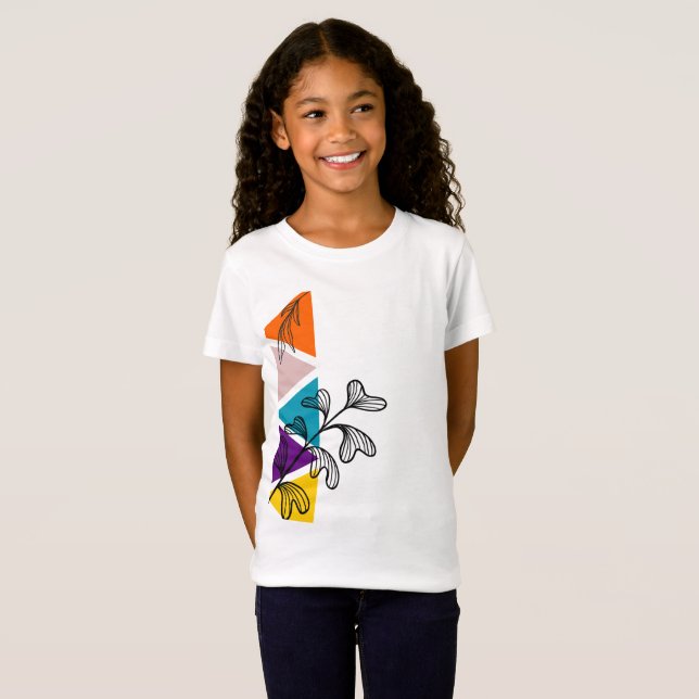 Multi-coloured Triangles with Hand Drawn Leaves T-Shirt (Front Full)