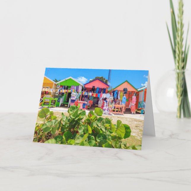Multi Coloured Wood Cottages | Long Bay Beach Card (Front)