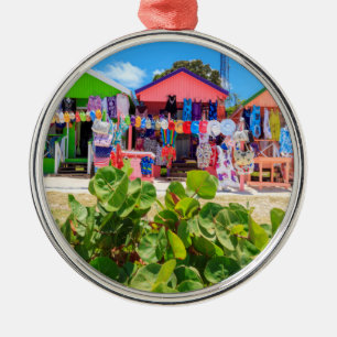 Multi Coloured Wood Cottages Long Bay Beach Metal Tree Decoration