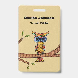 Multi Colours Fantasy Owl on Tree Branch Tan ID Badge