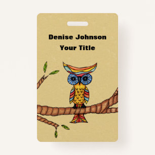 Multi Colours Fantasy Owl on Tree Branch Tan ID Badge