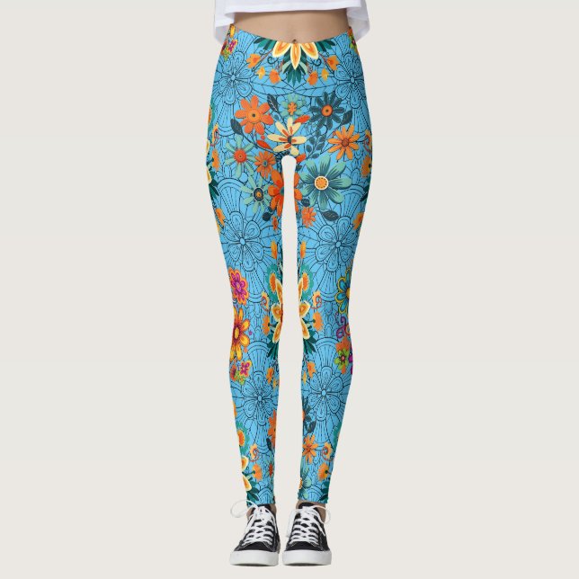 Multi-colours flower pots pattern. black L Blue BG Leggings (Front)