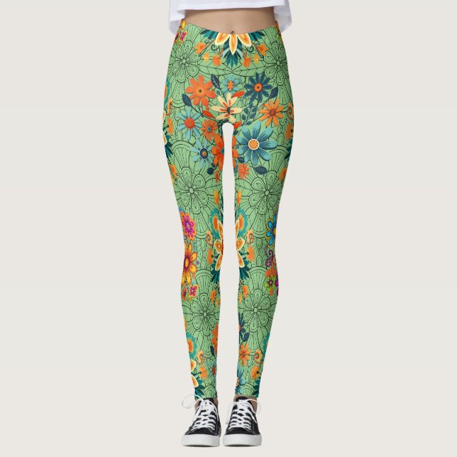 Multi-colours flower pots pattern. black L Green B Leggings (Front)