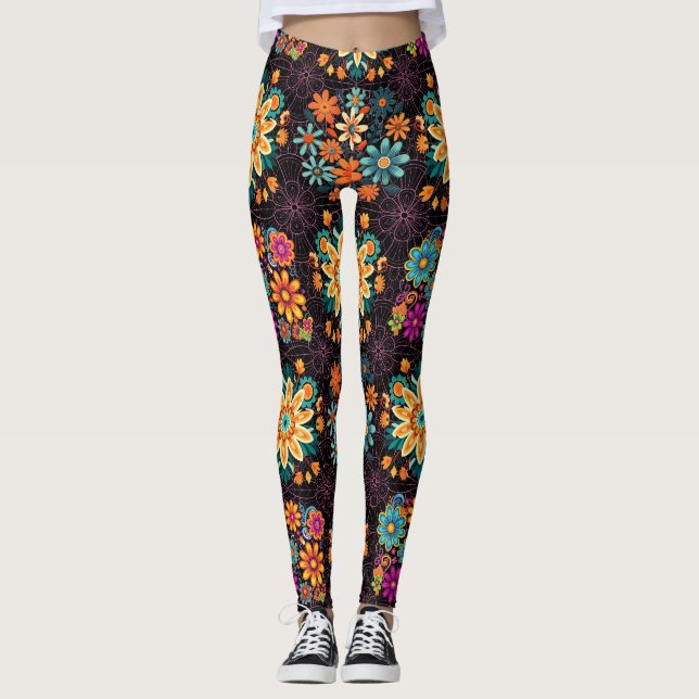 Multi-Colours Flower Pots Pattern - Pink Black BG Leggings (Front)