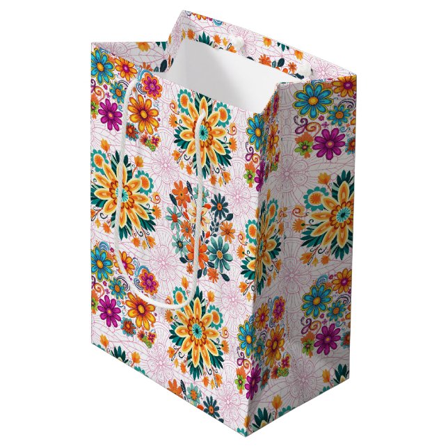 Multi-Colours Flower Pots Pattern - Pink Medium Gift Bag (Front Angled)