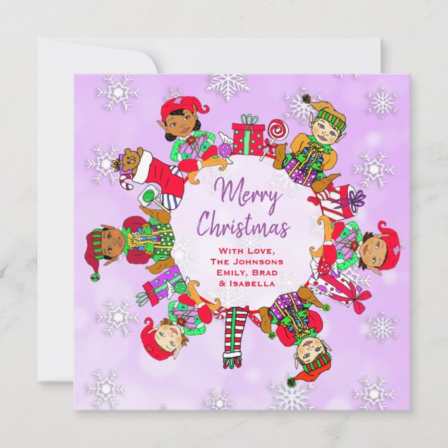 Multi-Cultural Little Cute Whimsical Elves Card (Front)