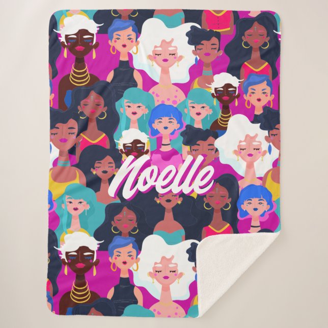 Multi-Cultural Women's Faces Pattern, Your Name Sherpa Blanket (Front)