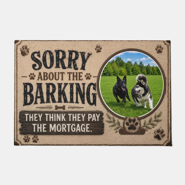 Multi Dog "sorry about the barking" personalised Doormat (Front)