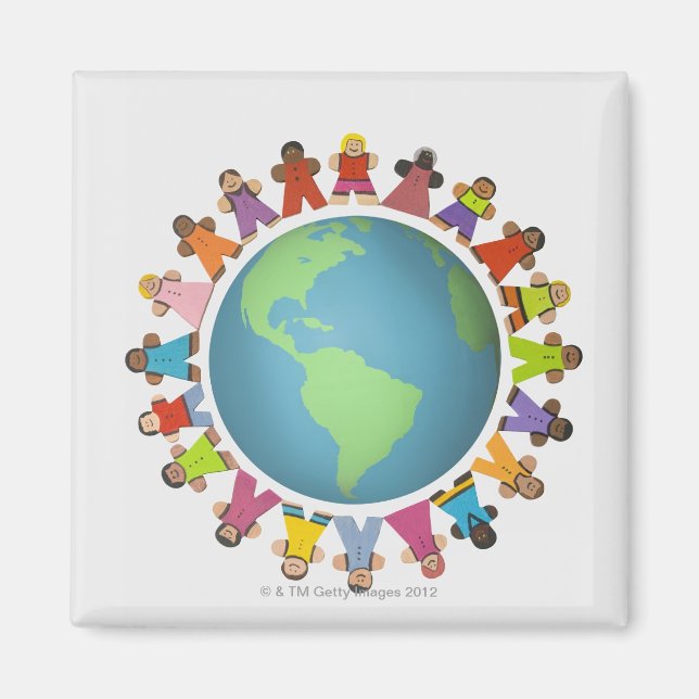 Multi ethnic figurines encircle the globe magnet (Front)