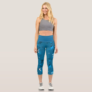 multi ethnic mermaids pattern blue capri leggings