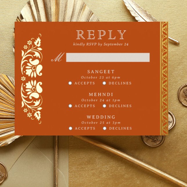 Multi Event Lotus Flower Indian Wedding RSVP Card (Orange Indian wedding invitation RSVP enclosure response reply card, Lotus flower hindu wedding card)