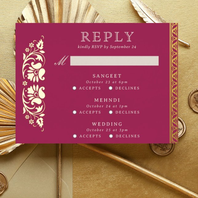 Multi Event Lotus Flower Indian Wedding RSVP Card (Pink Indian wedding invitation RSVP enclosure response reply card, Lotus flower hindu wedding card)