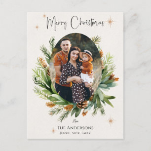 Multi Family Photos Green Leaves Merry Christmas Holiday Postcard