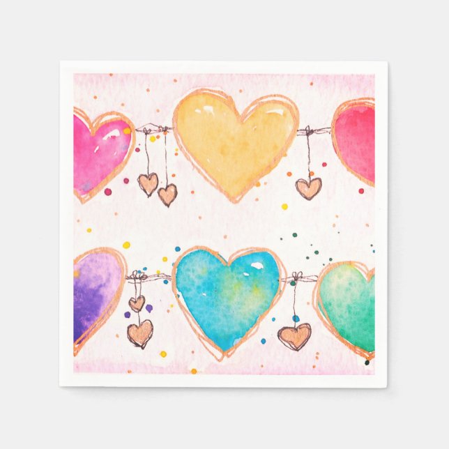 Multi Heart Watercolor Valentine Cocktail Napkin (Front)