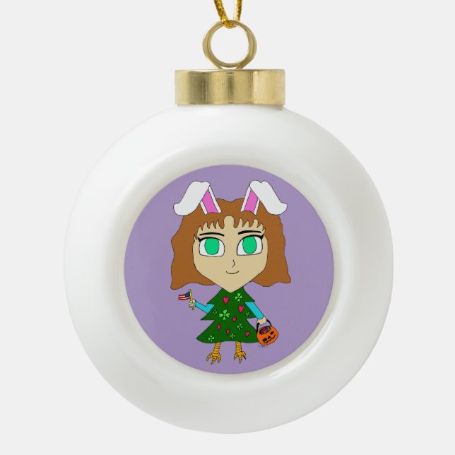Multi Holiday Chibi Ceramic Ball Christmas Ornament (Front)