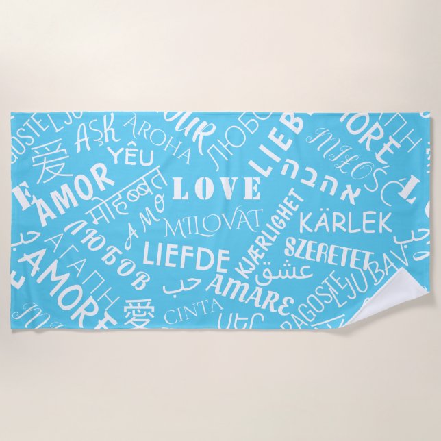 Multi Language Love Text Blue Beach Towel (Front)