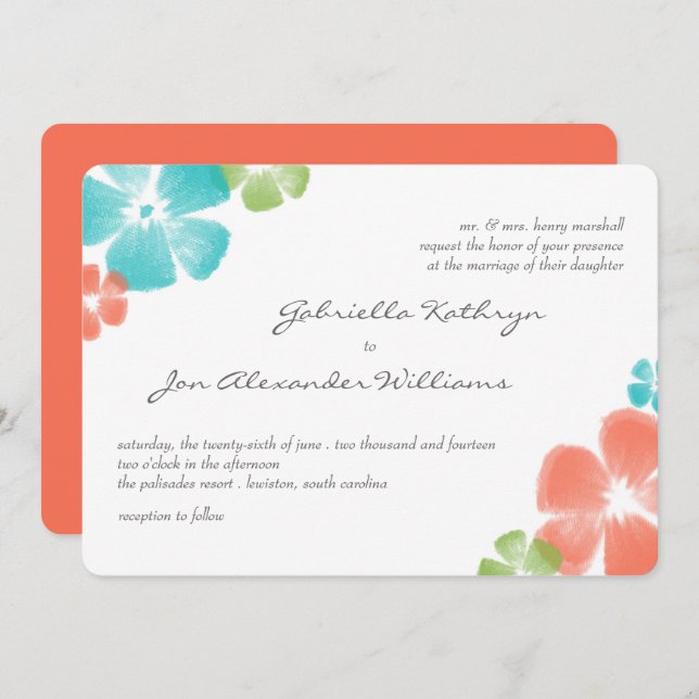 Multi Papaya Watercolor Flowers Wedding Invite (Front/Back)
