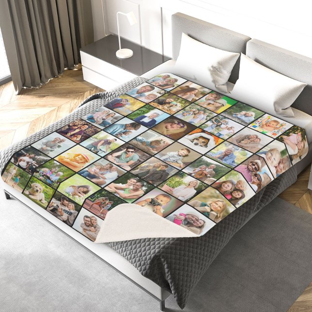 Multi Photo 48 Picture Grid Collage Black Sherpa Blanket (Creator Uploaded)