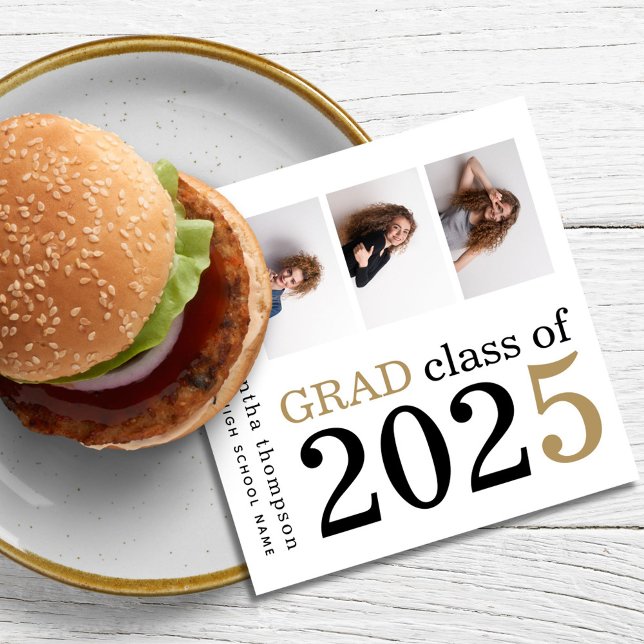 Multi photo Black Gold Text White 2025 Graduation  Napkin (Creator Uploaded)