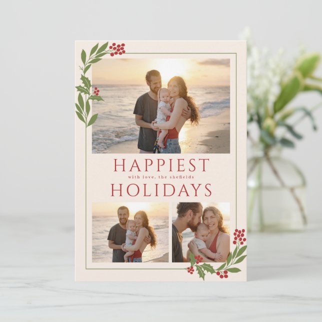 MULTI-PHOTO CARD WITH CHRISTMAS BORDER FOLIAGE (Standing Front)