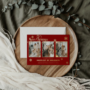Multi Photo Collage Family Red Gold Foil Snow