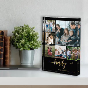 Multi photo collage family script modern keepsake block