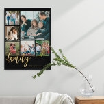 Multi photo collage family script modern poster<br><div class="desc">Elegant modern family handwritten calligraphy script with six custom photos black gold keepsake poster template.              Please note that the background colour is changeable. You can replace the black with any other colour after selecting CUSTOMIZE option.</div>
