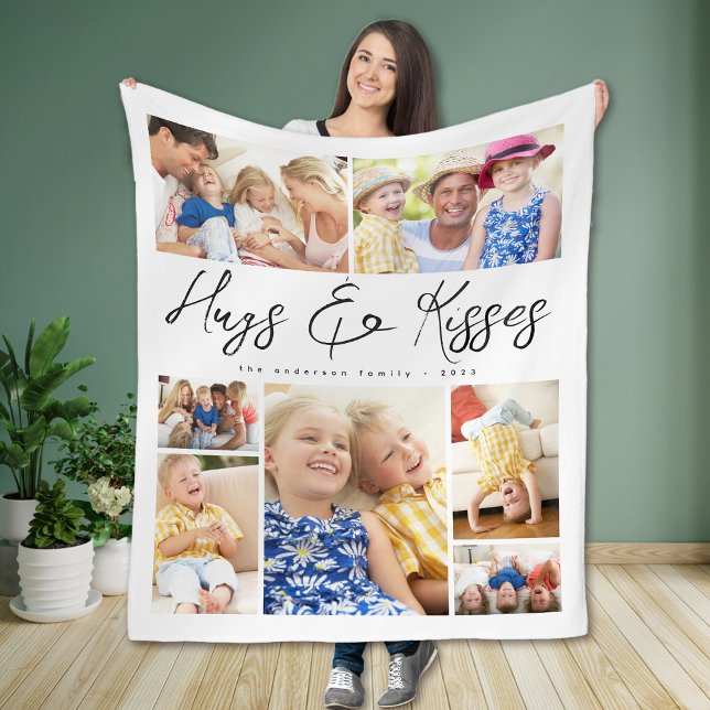 Multi Photo Collage Hugs & Kisses Family Fleece Blanket (Creator Uploaded)