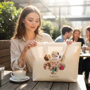 Multi Photo Collage Modern Personalised Name Large Tote Bag