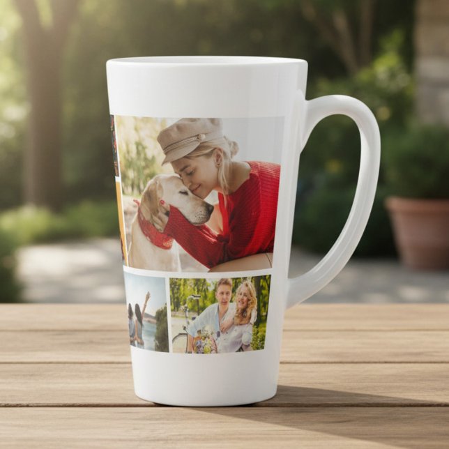 Multi Photo Collage Modern Personalised Name Latte Mug (Creator Uploaded)