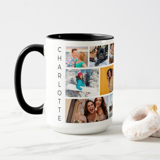 Multi Photo Collage Modern Personalised Name Mug (With Donut)