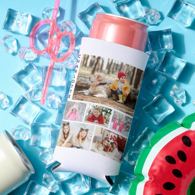 Multi Photo Collage Modern Personalised Name Seltzer Can Cooler (In Situ Summer)