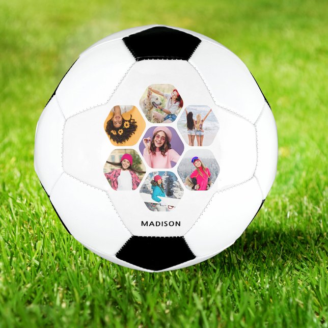 Multi Photo Collage Modern Personalised Name Soccer Ball (Creator Uploaded)