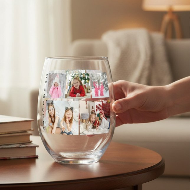 Multi Photo Collage Modern Personalised Name Stemless Wine Glass (Creator Uploaded)