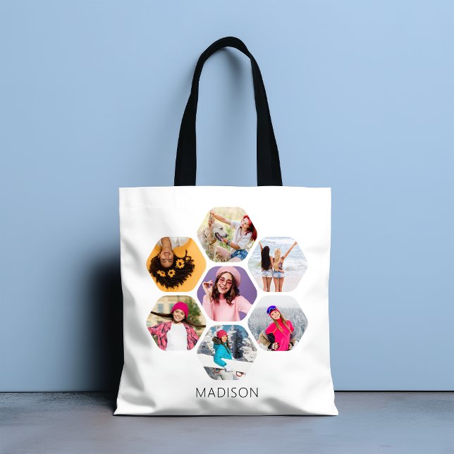 Multi Photo Collage Modern Personalised Name Tote Bag (Creator Uploaded)