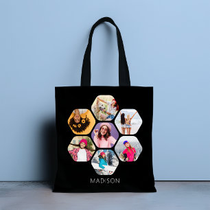 Multi Photo Collage Modern Personalised Name Tote Bag
