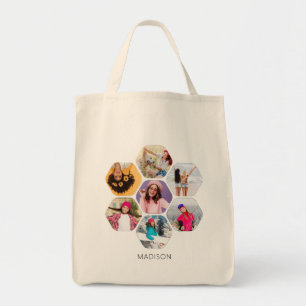 Multi Photo Collage Modern Personalised Name Tote Bag