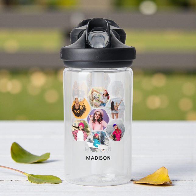 Multi Photo Collage Modern Personalised Name Water Bottle (Creator Uploaded)